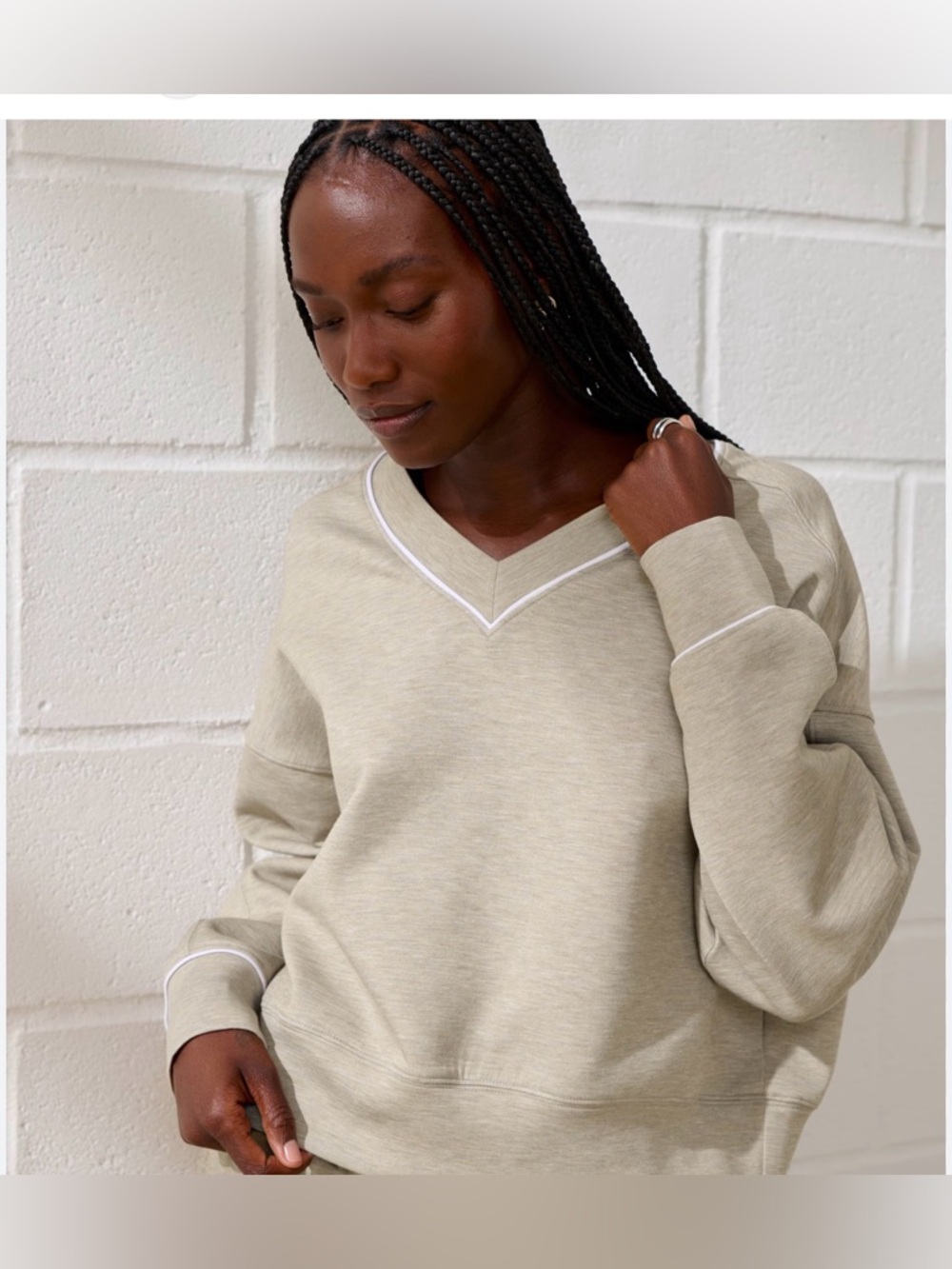YPB S V Neck tan white stripe quiet luxury activewear stretchy sweatshirt casual - Picture 2 of 16